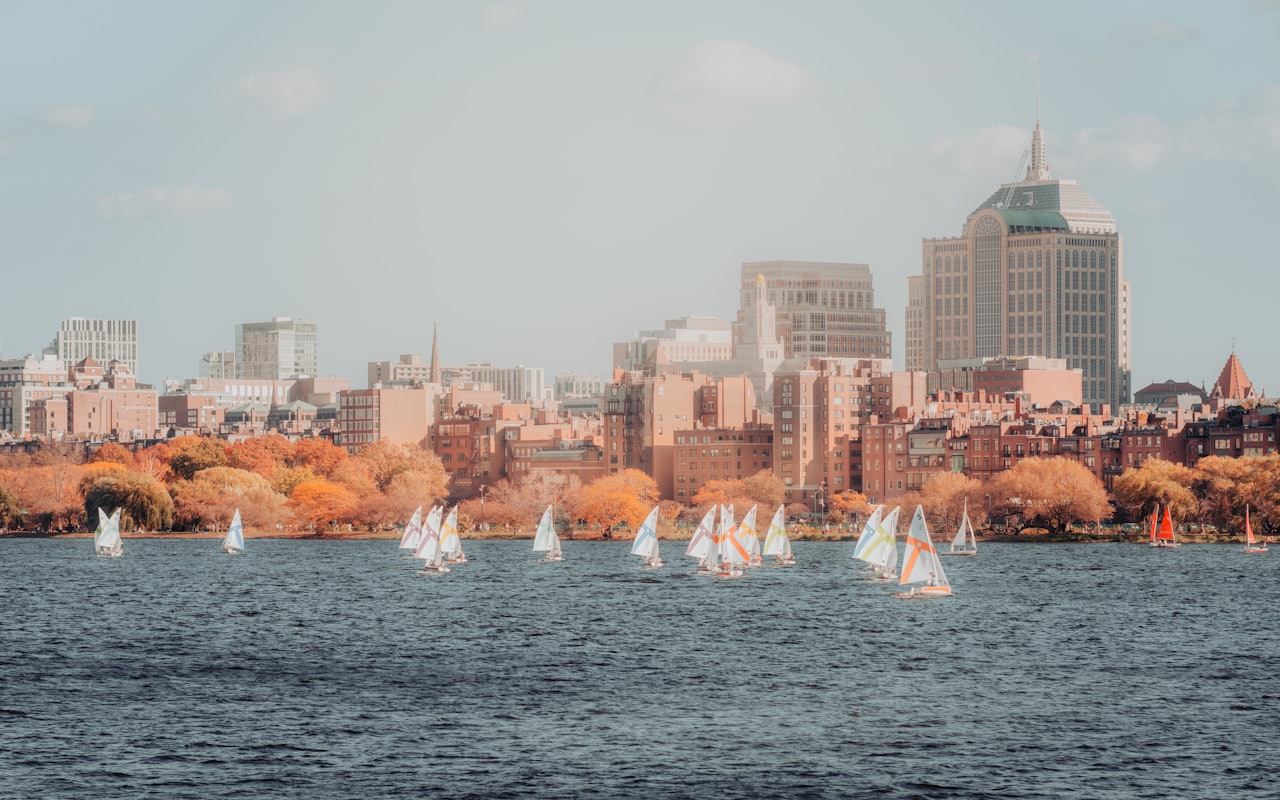 a group of sailboats sailing on a lake in front of a city